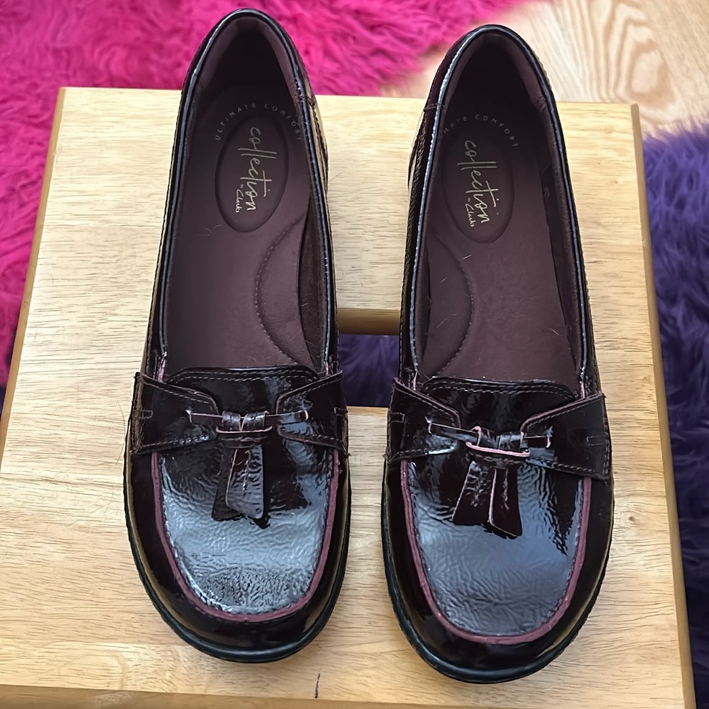 Clarks patent burgundy loafers